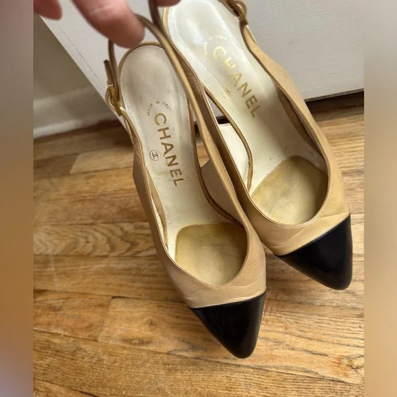 Chanel Beige Black Cap Toe Leather
Slingback Heels - Picture 6 of 6